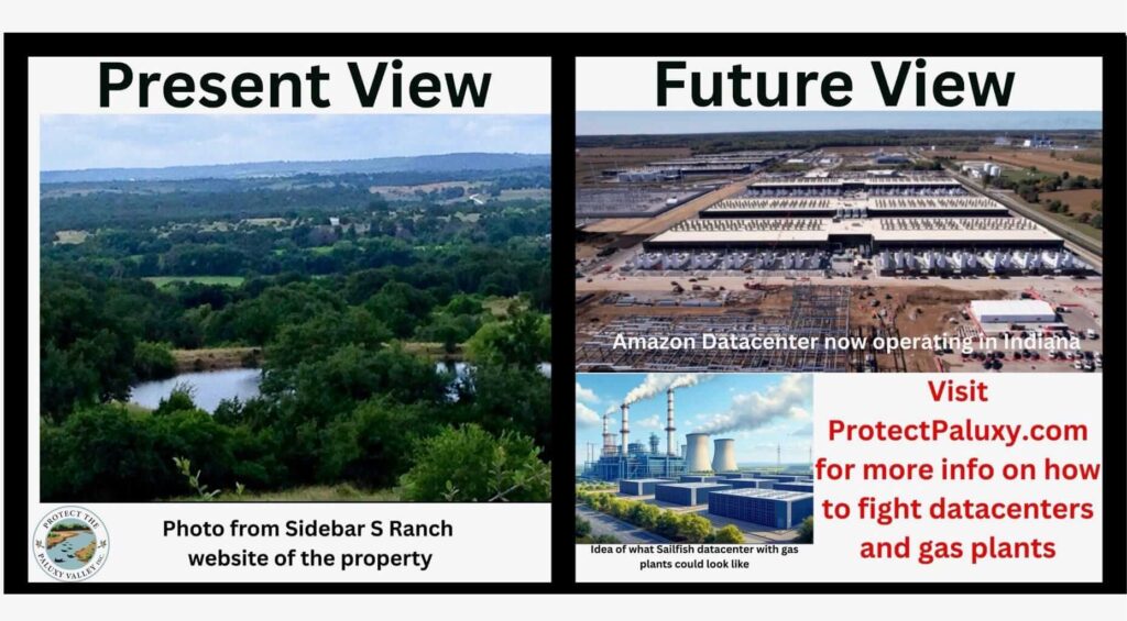 Present view of the Paluxy Valley compared to a future industrial datacenter and gas plant buildout
